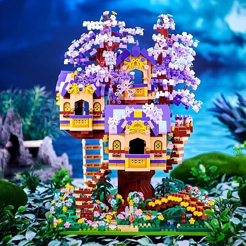 Lila Blume Baum Haus Gebäude Mikropartikel Baustein Klassisches Modell Mädchen Junge Schwierige Montage Miniatur Blöcke Spielzeug K