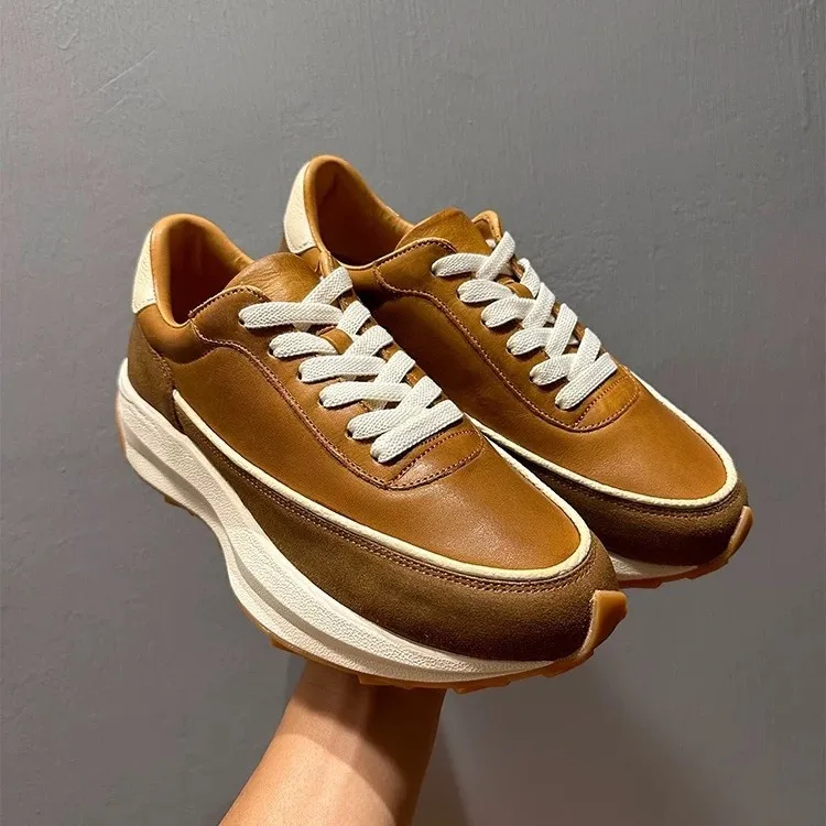Men's 2025 Retro Running Shoes | Genuine Leather Chunky Sole Sneakers | Breathable Lace-Up Casual Athletic Vintage Style Shoes
