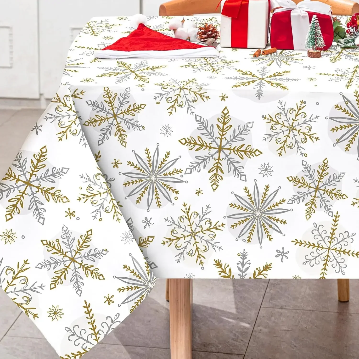 Mantel impermeable con copos de nieve dorados y plateados para Navidad, decoración para comedor, mantel reutilizable para mesa, suministros para fiesta de Navidad