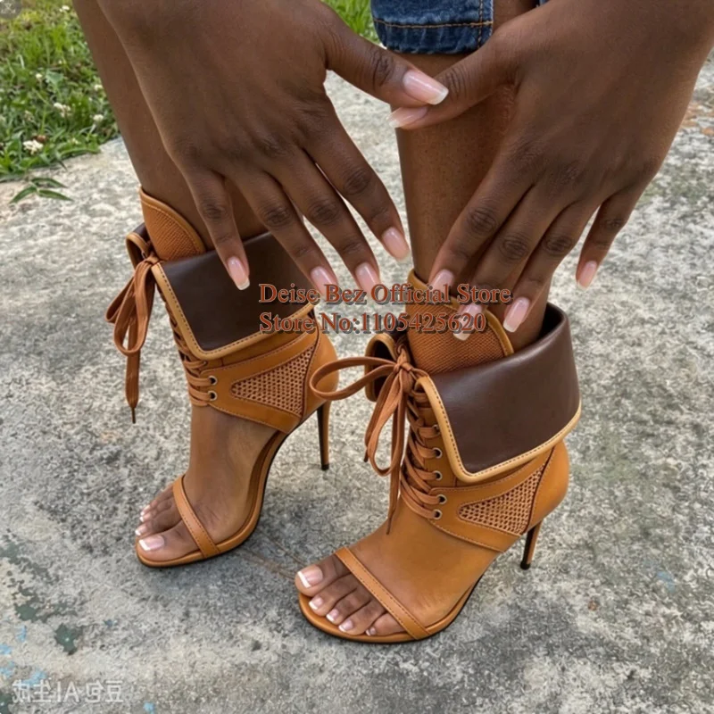 Mesh Patchwork Fold Over Cuff High Heeled Sandals Open Toe Stiletto Heel Lace Up Ankle Wrap Booties Mixed Colors Women Shoes