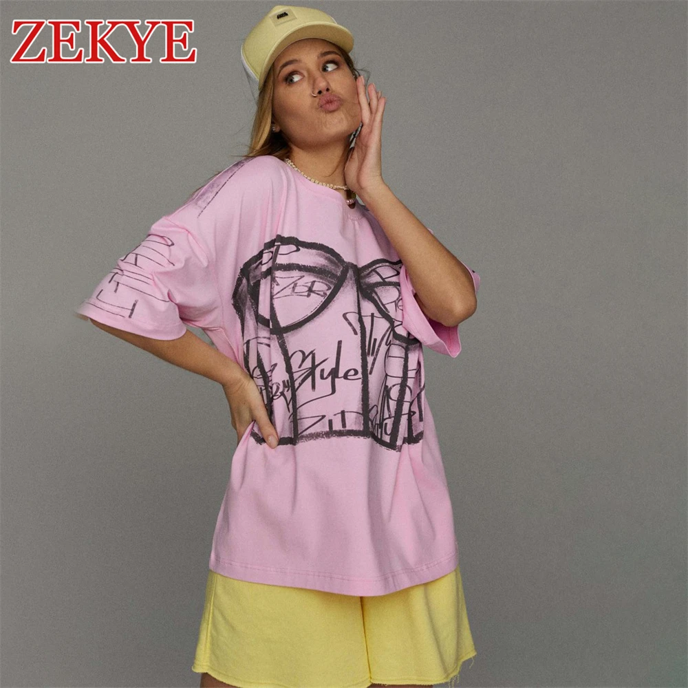 Zekye-ropa de calle con estampado Vintage para mujer, Top Harajuku con cuello redondo, Camiseta holgada básica de verano, ropa informal de los años