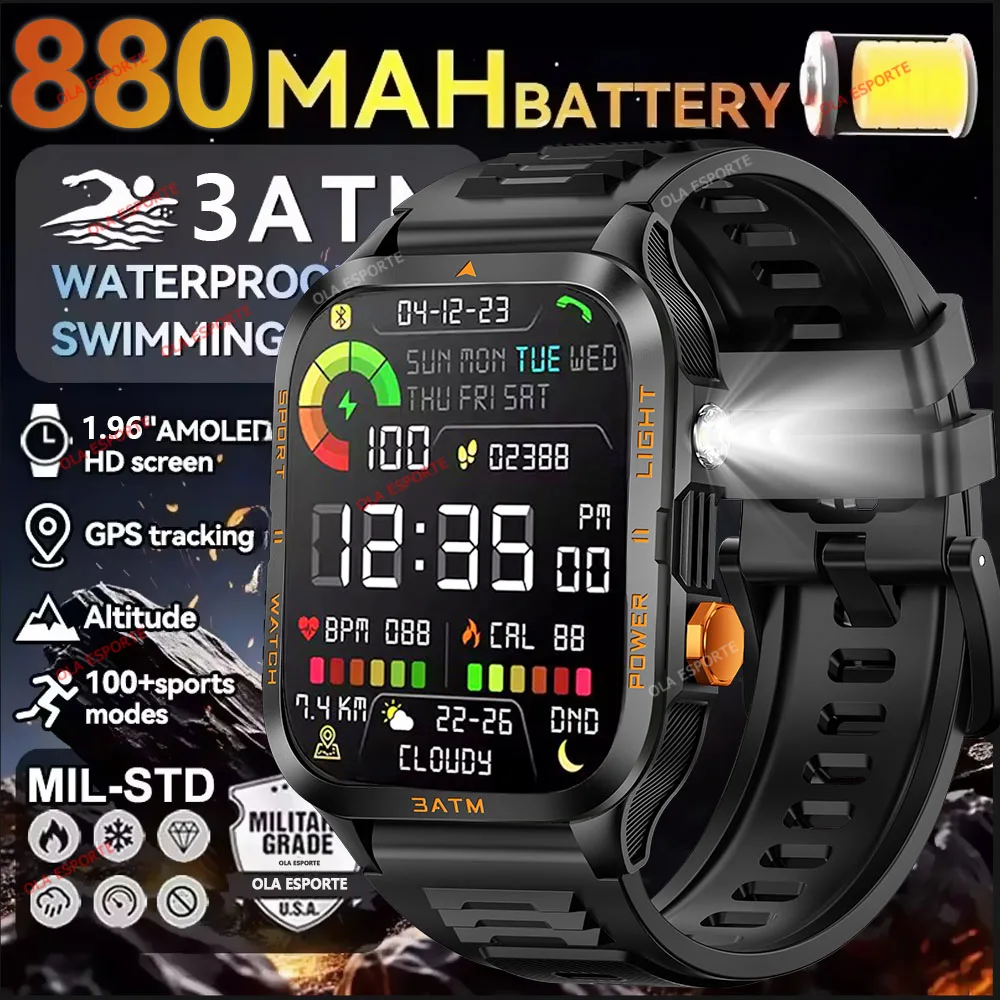 2025 الرياضة في الهواء الطلق ساعة ذكية الرجال 1.96 "HD شاشة مصباح ليد جيب 800mAh بطارية كبيرة معدل ضربات القلب مقاوم للماء BT المكالمات Smartwatch