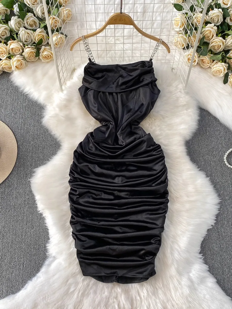 Foamlina Chic Glossy Satin Halter Dress Women 2025 Summer New Socialite Pleated Cinched Waist Slim Fit Bodycon Dresses