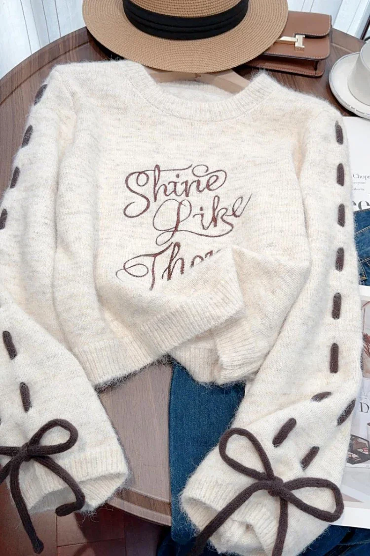 Bomon American Retro Loose And Lazy Design Sense Letter Embroidery Sweater 2024 Fall/Winter New Y2K Sweater Short Round Neck Top