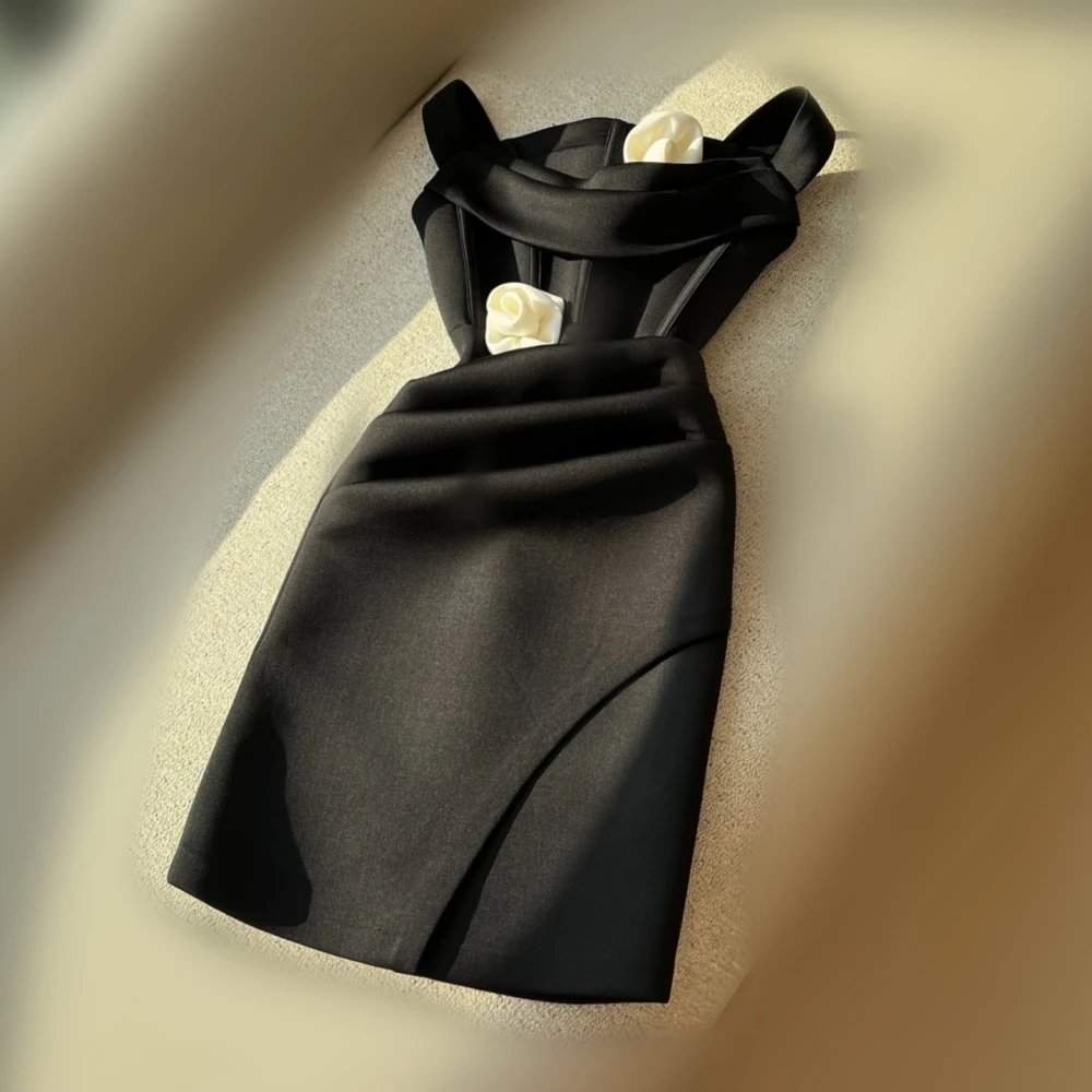 

Customized Jersey Flowers Pleat Temperament Straight Black Short Dresses Bespoke Occasion Homecoming Elegant Party
