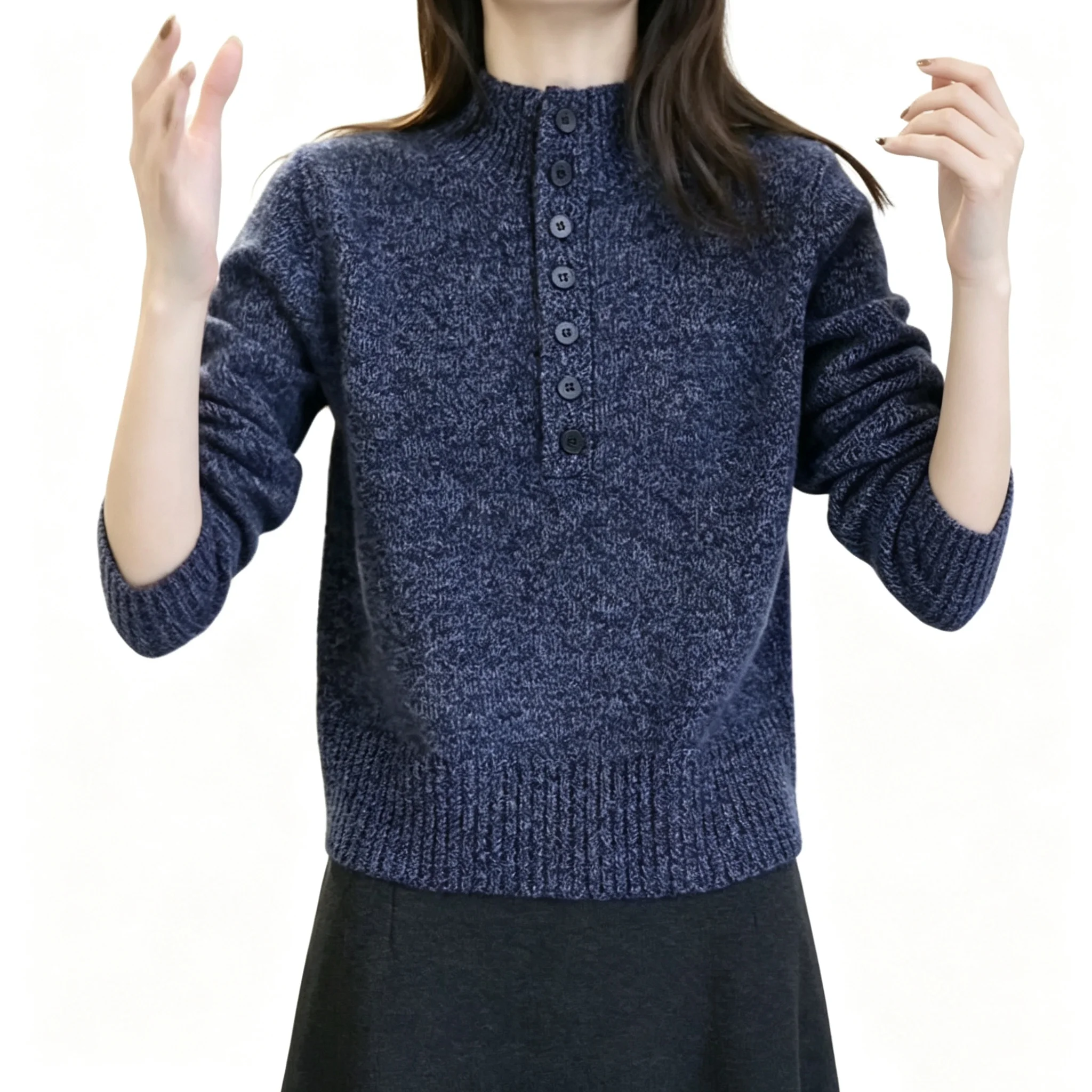 Women Elegant Luxury Knit Sweater Long‑Sleeve Half Button‑Down Marled Knit Cropped Jumper Casual Autumn Warm Pullover Top Ladies