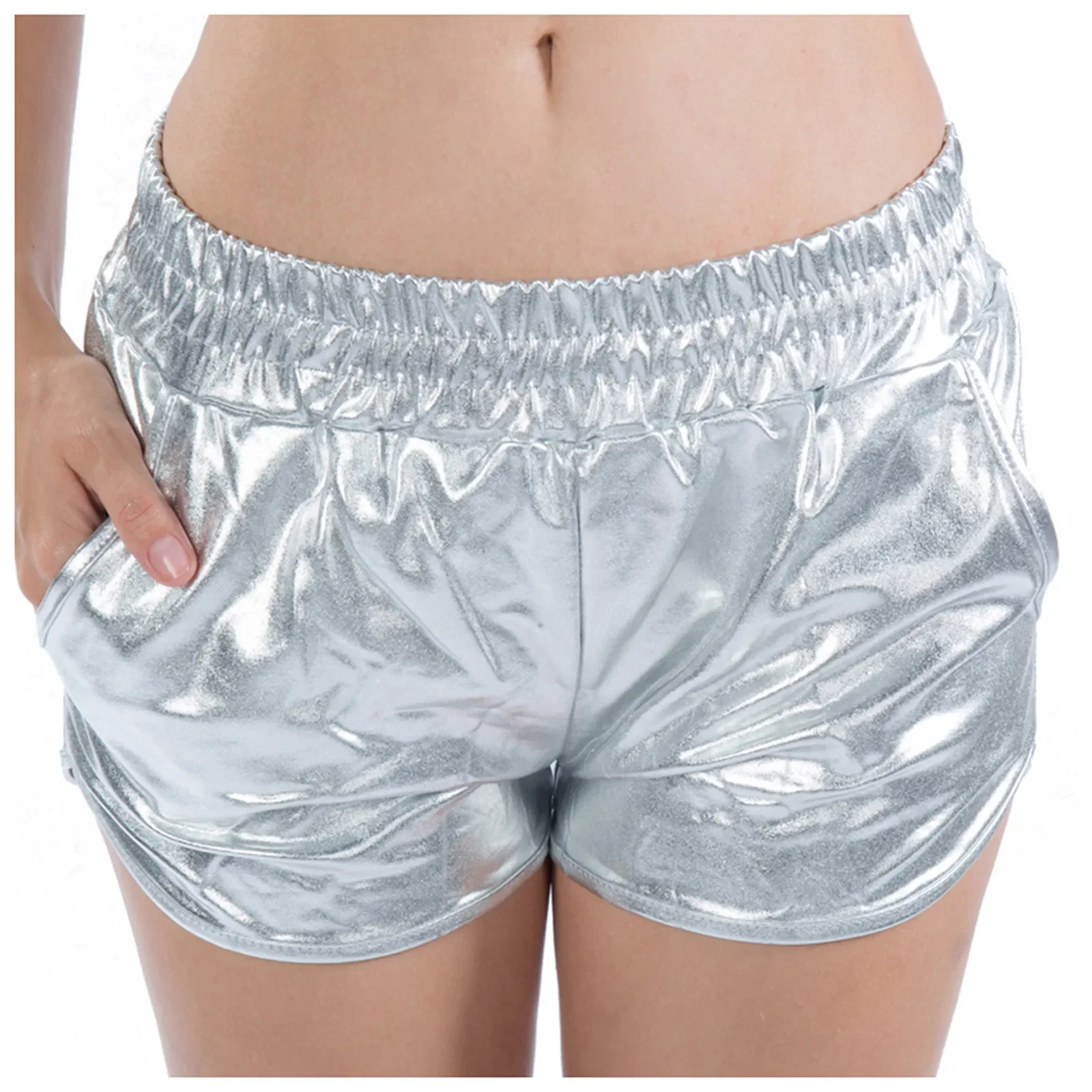 Booty Dance Women'S Shorts Shiny Pants Yoga Sparkly Hot Drawstring Outfit Elastic Waist Rave Metallic Pants Pantalones Cortos