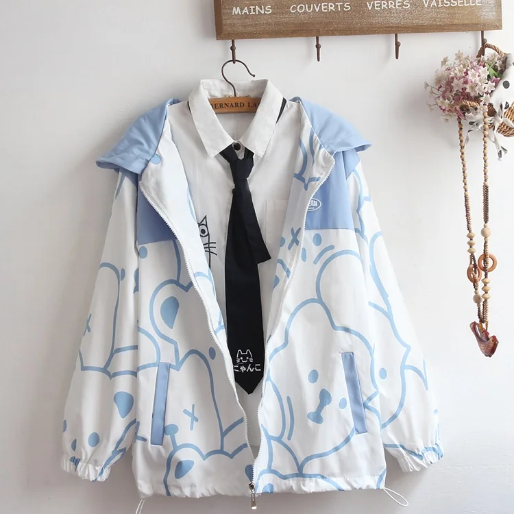 

ex Cute Teenage Large Bear Print Loose Zipper Open Cardigan Spring Autumn Cotton Long Sve Hooded Soft Girl Outerwear