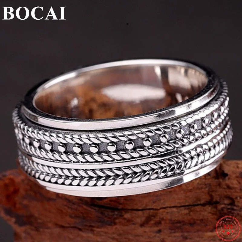 

BOCAI S925 Sterling Silver Rings for Women Men New Fashion Wheat-Ear Pattern Rotatable Pure Argentum Jewelry Free Shipping