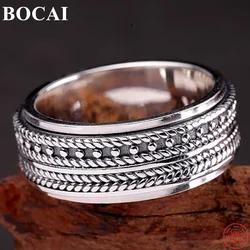 BOCAI S925 Sterling Silver Rings for Women Men New Fashion Wheat-Ear Pattern Rotatable Pure Argentum Jewelry Wholesale