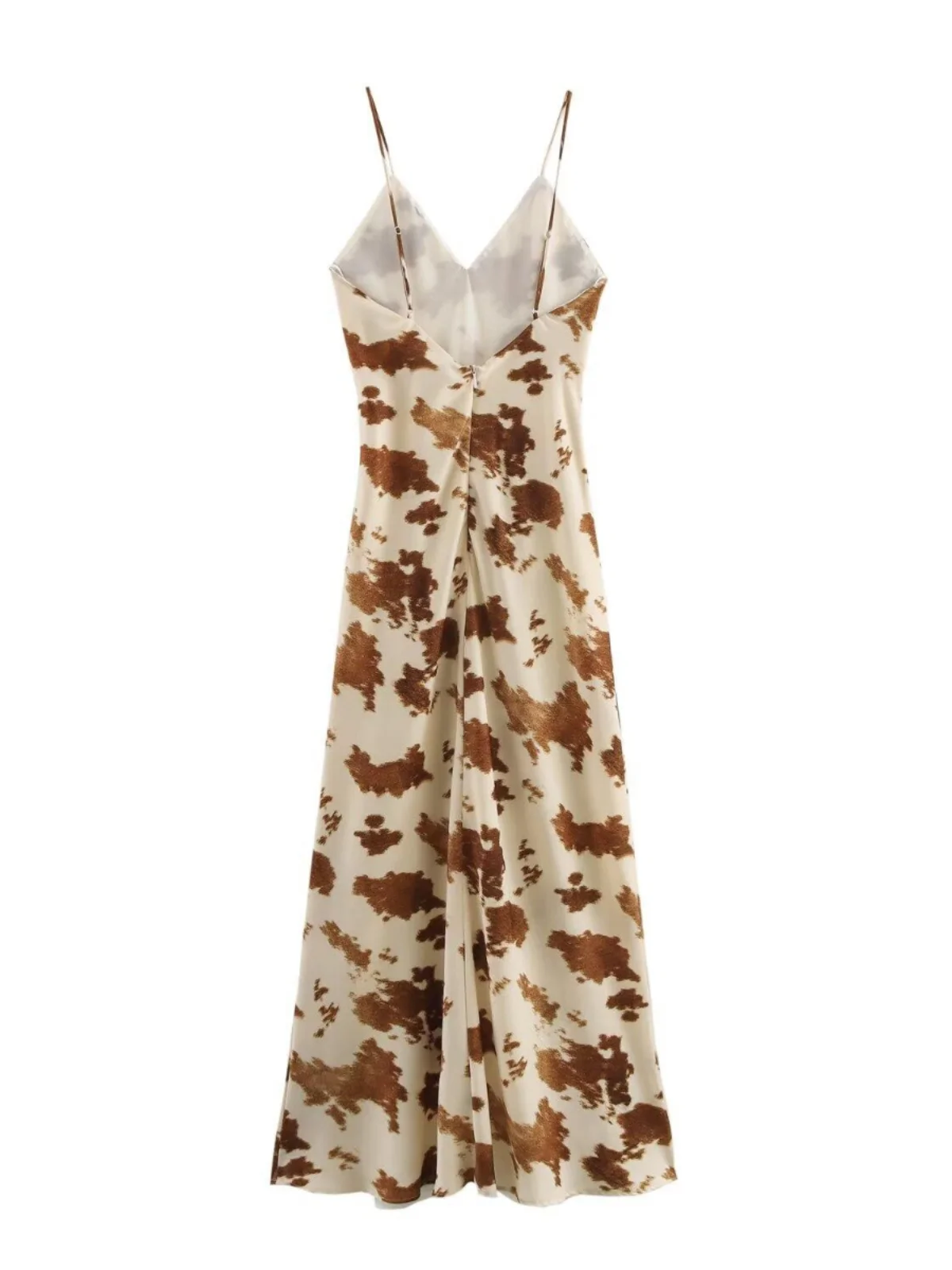 Ele taille haute soie Satin longue v-ne Strapl Dr saison d'été impression conception fermeture à glissière robe pour les femmes