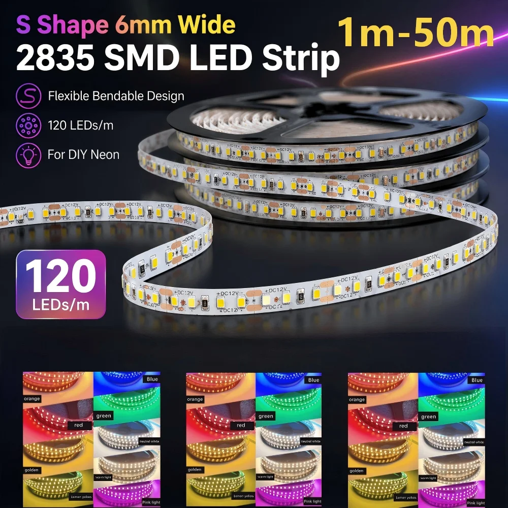 Bande LED SMD 2835 en forme de S, largeur 6mm, 120LED/m, ruban lumineux flexible pour enseignes néon DIY, 13 couleurs, 1m-50m