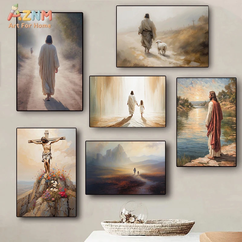 AZNM Jesus Christian Frameless Canvas Wall Art, Religious Cross Landscape Print Painting for Home Church Bedroom Decor