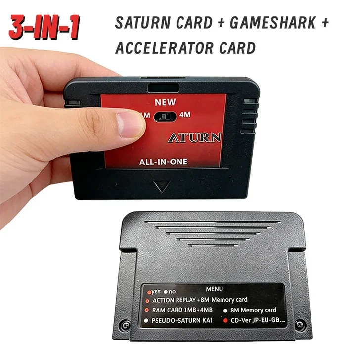 

Pseudo Saturn KAI All-in-1 Game Card 4MB Accelerator 8MB Memory Card Action Replay Goldfinger Cheat Cart for Sega Saturn Console