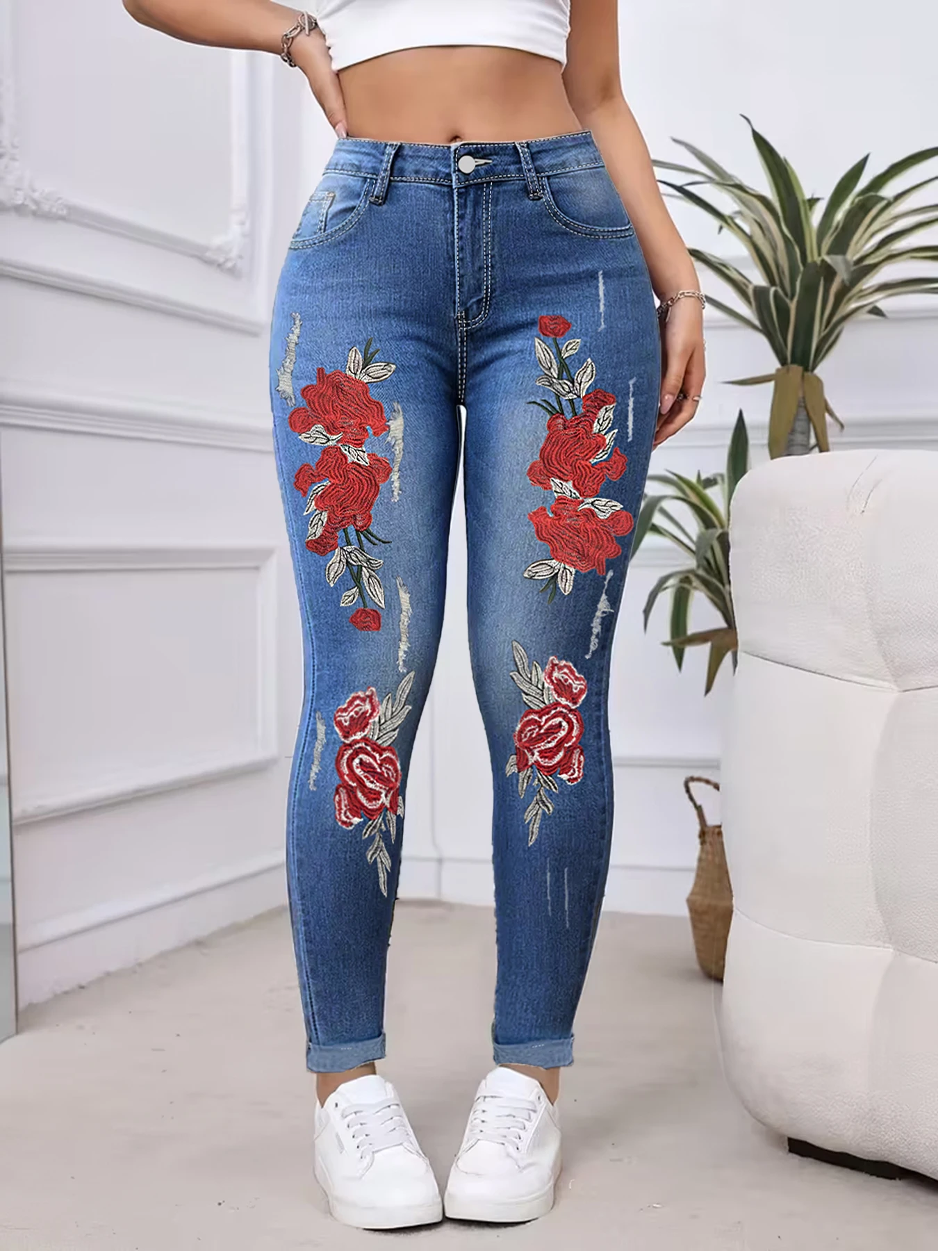 

Женские облегающие джинсы больших размеров с высокой талией и красной цветочной вышивкой в стиле ретро, эластичные облегающие джинсы большого размера