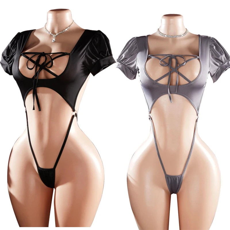 Women's Sexy One-Piece Swimsuit with Tempting Strap Rope Hollow out Design Pure Desire Erotic Bikini Underwear for Beachwear