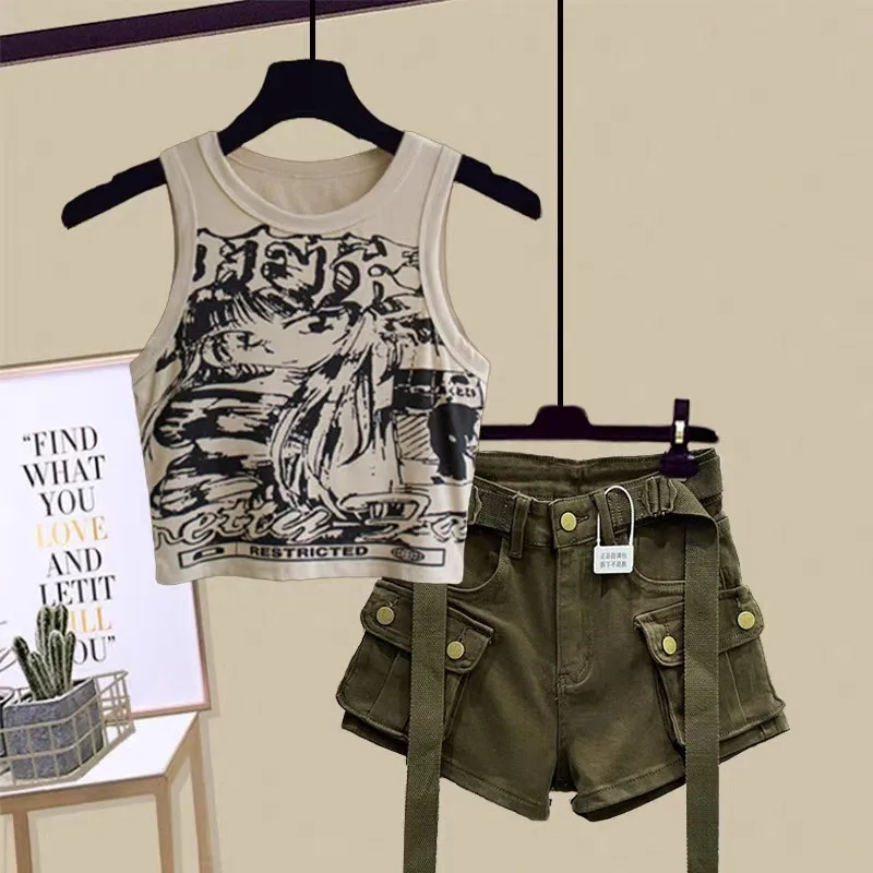 

Girls' Summer Set New Big Kids cartoon printed camisole T-shirt+denim shorts two-piece set