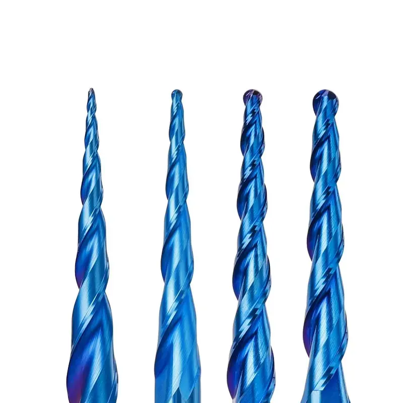 XCAN-fresas cónicas de punta de bola, R0.25-R2.0 de carburo sólido, CNC, picaduras de enrutador HRC65, Nano recubrimiento azul, broca de grabado de