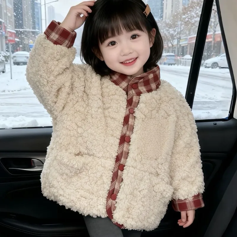 Girls' Korean checkered double-sided cotton jacket, new winter children's baby's stylish thick cotton jacket