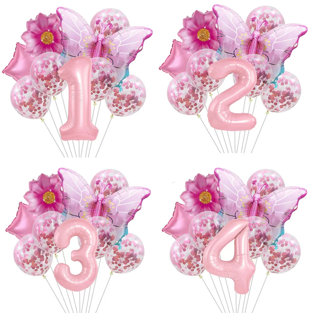 1set Pink Butterfly Balloons 32inch Number Balloon Set Happy Birthday Butterfly Foil Balloon Baby Shower Birthday Party Decors