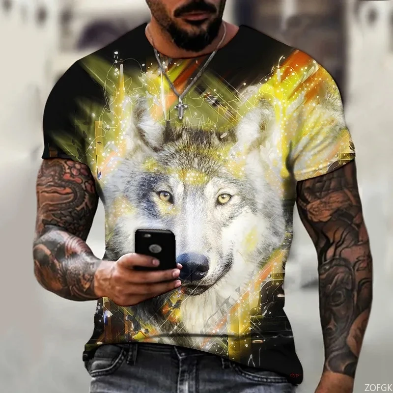 حجم كبير ملابس للرجال الذئب تي شيرت الصيف قصيرة الأكمام الجولة الرقبة ثلاثية الأبعاد الحيوان طباعة الشارع موضة الذكور بلايز تيز المعتاد