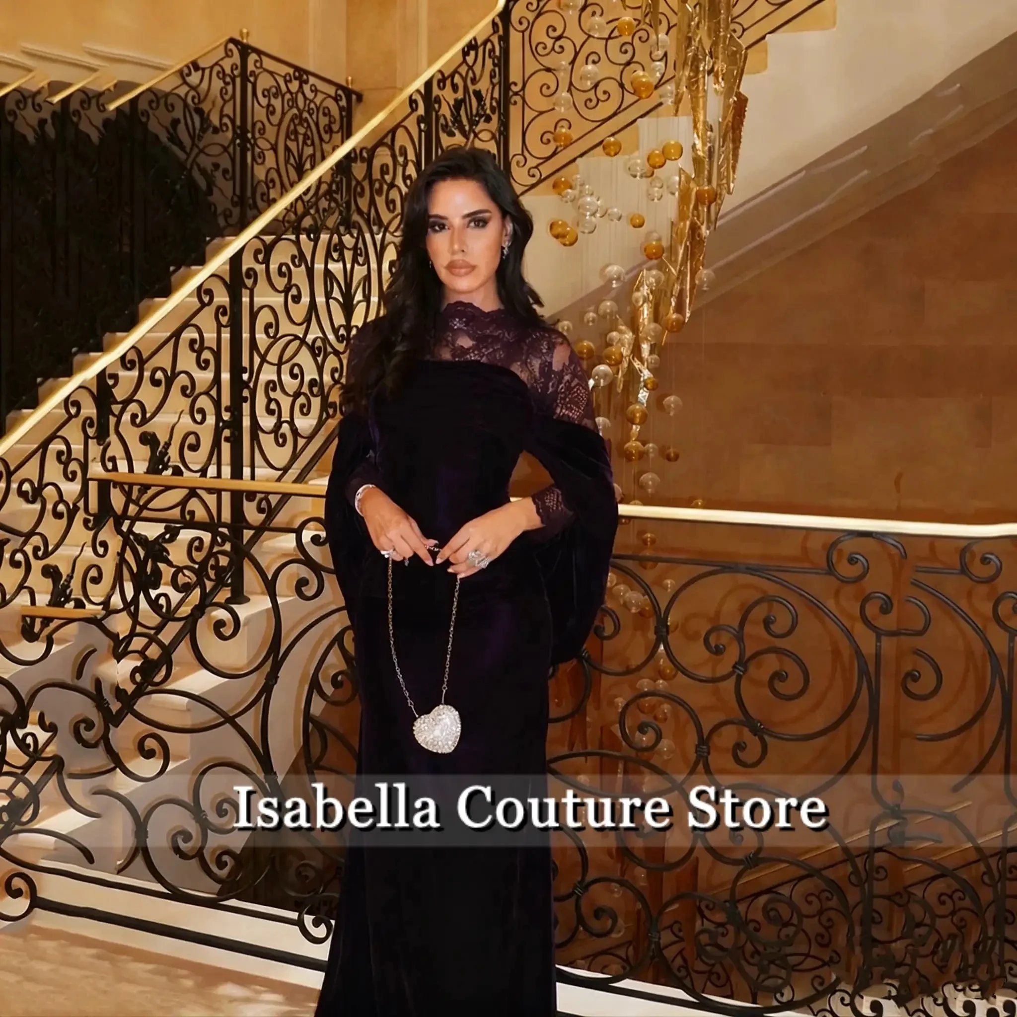 

Dark Purple Velvet Evening Dress O Neck Lace Cape Formal Occasion Dress Elegant Saui Arabia Prom Gowns Customized