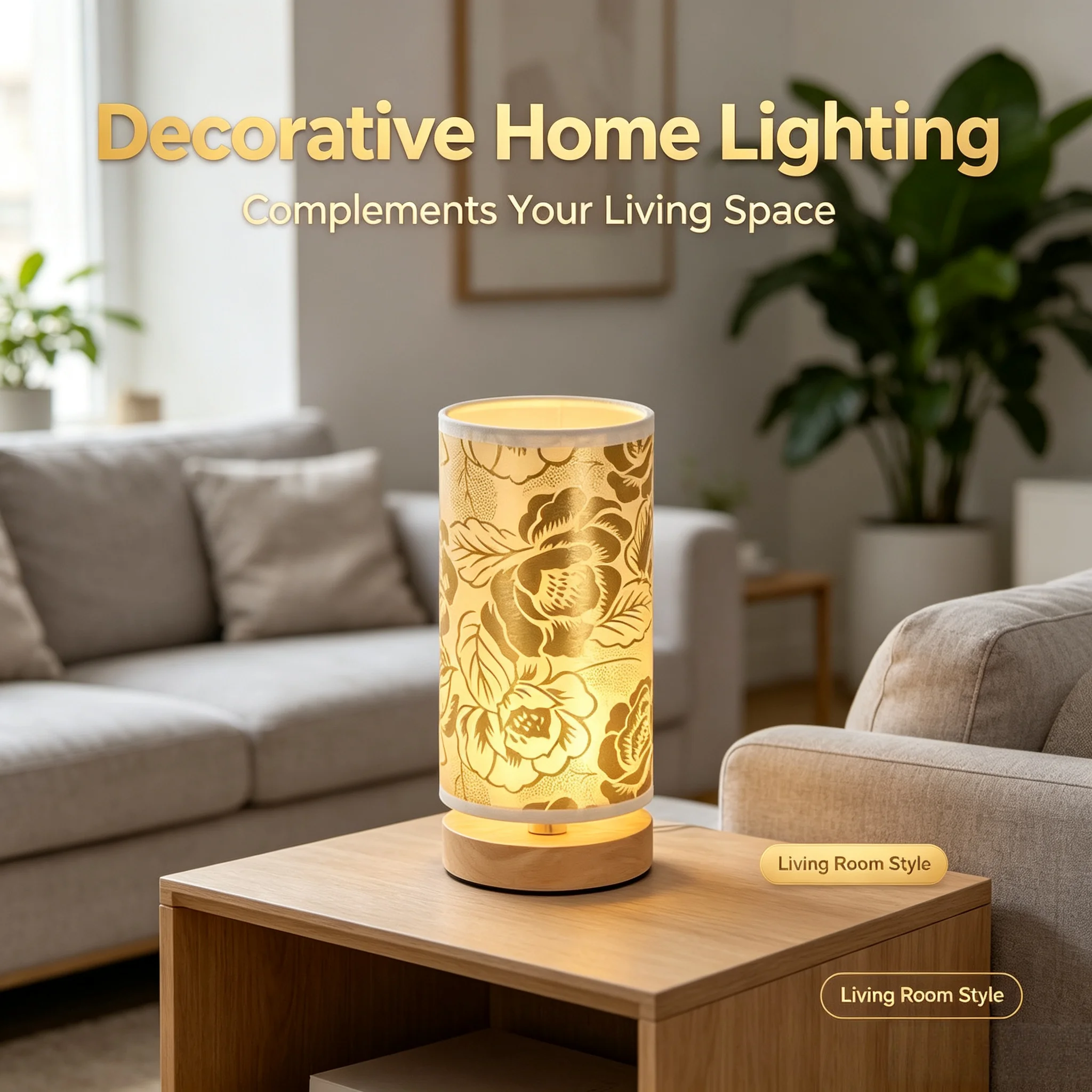 Vintage Floral Cylinder Bedside Table Lamp, 3 Light Modes Wooden Base Decor Ambient Lamp for Bedroom Nightstand