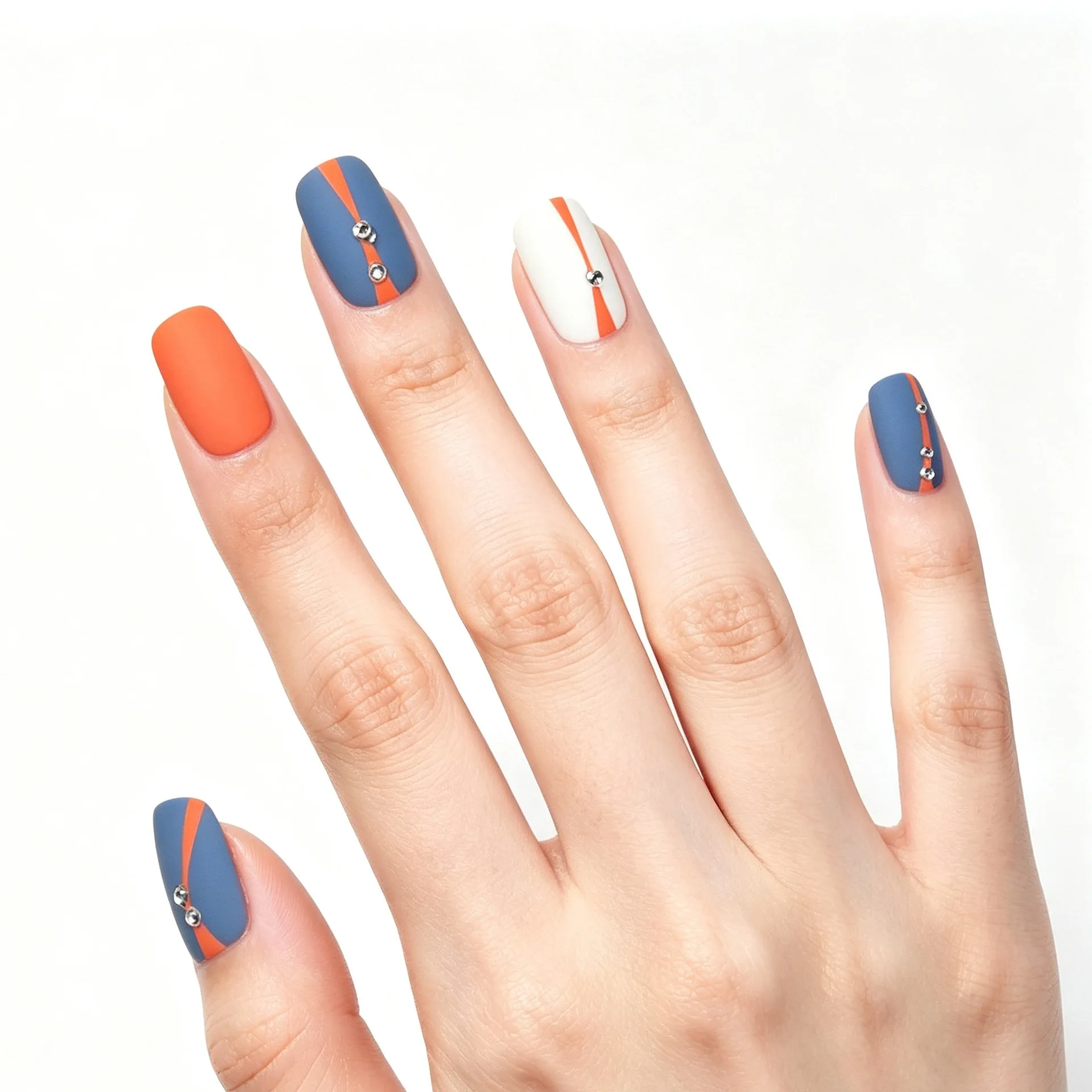Wearable Nail Tips Gradient Color Mist Finish Blue Orange White Diagonal Stripe Design with Small Diamonds Simple Fashionable Na