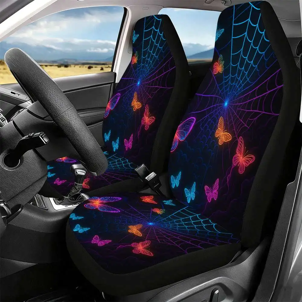 2pcs Neon Glow-in-the-Dark Car Seat Covers With Neon Glow-in-the-Dark Butterfly Web Design - High Back, Fit For Cars, SUVs, Truc