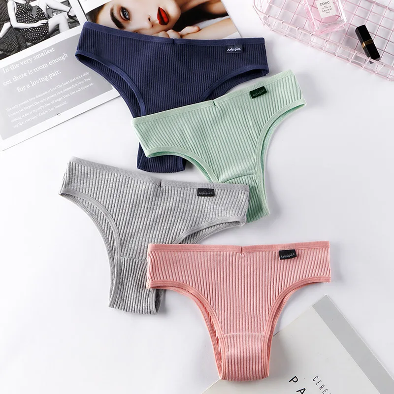 

Women Threaded cotton Striped Briefs Breathable Comfortable Seamless underwear Female Mid-Waist Elastic Sports triangle panties