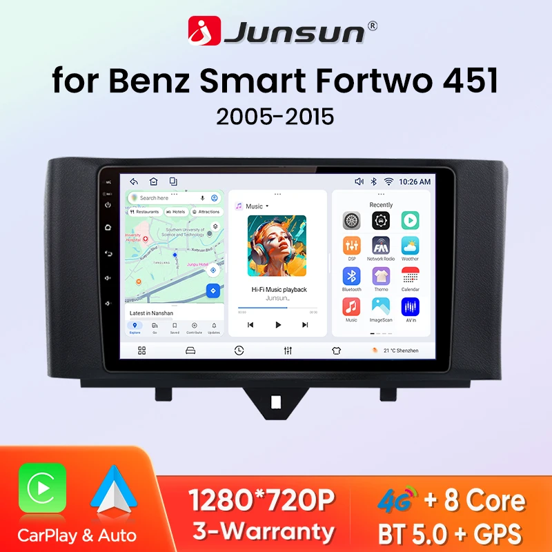Autoradio sans fil Junsun CarPlay Android Auto pour Mercedes Benz Smart Fortwo 451 2005-2015, 8 cœurs, 4G, WiFi, GPS, Navigation, SWC, RDS, lecteur multimédia, stéréo