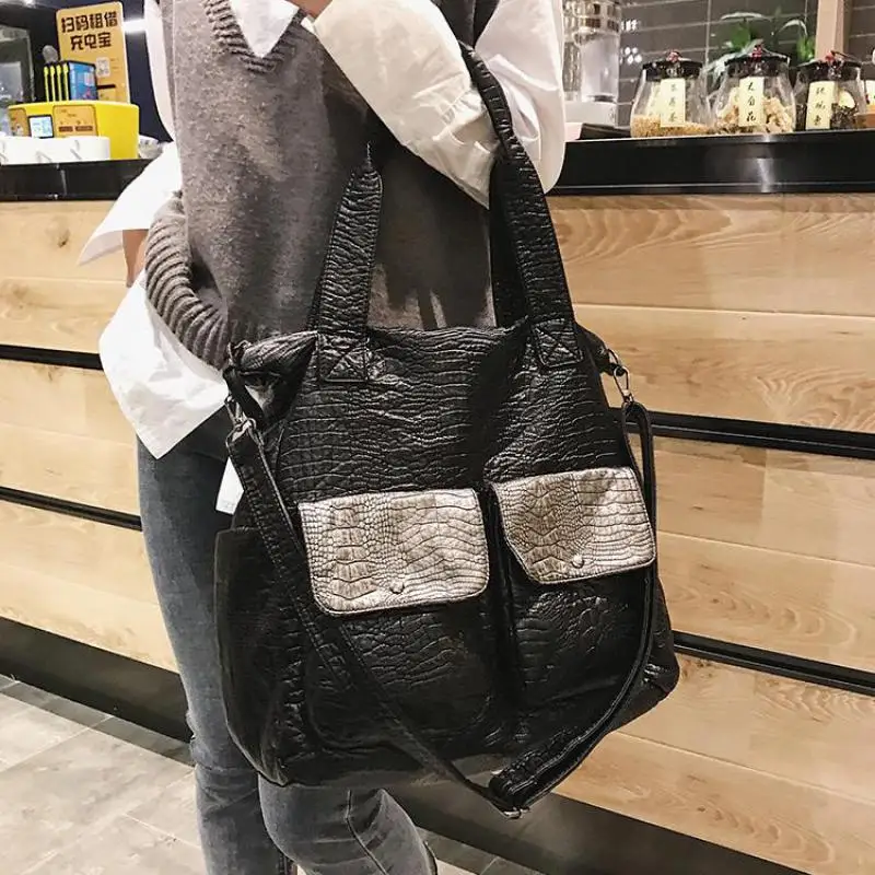 Vintage PU Women Soft Leather Handbags Big Capacity Crocodile Shoulder Bag Hobo Retro Crossbody Bag Black Large Shopper Tote New