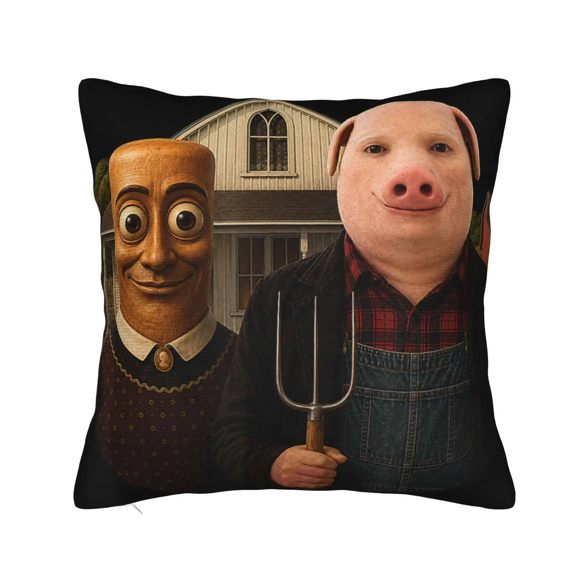 John Pork American Gothic Funny Viral Meme Art Dank Brainrot Pillow Cover Cushion Cover Kawaii Pillow Case For Sofa Home Decor