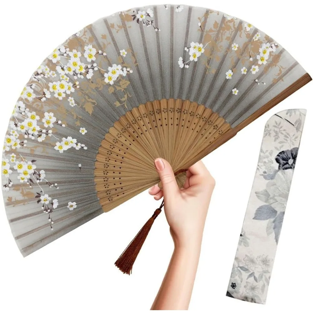 

Foldable Bamboo Silk Hand Fan for Hot Flashes Church Festivals Dance Performance Decor Gift Gray Sakura