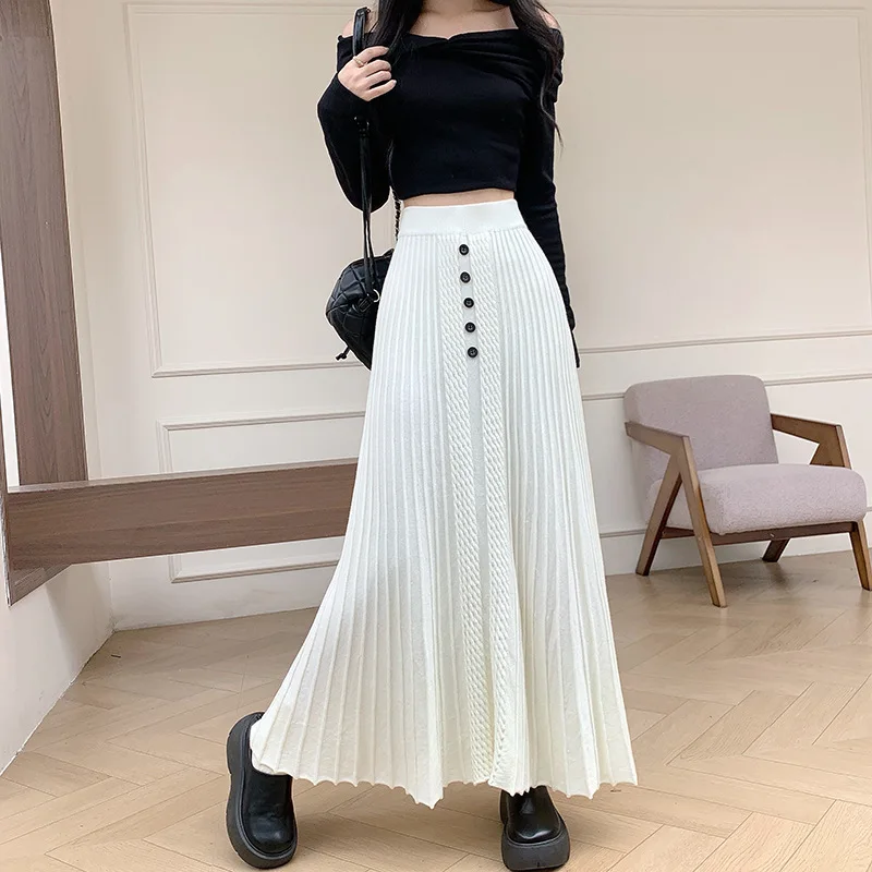 

Повседневная плиссированная трапециевидная трикотажная юбка-миди с высокой талией и пуговицами, новинка осени/зимы 202, однотонная женская большая распашная юбка