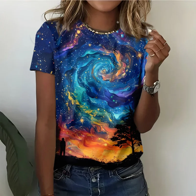

Top Blouse Woman Trend Women 3D Galaxy Print T Shirts Glitter Shirts Blouse Fashionable Starry Sky Summer Ropa Para Mujer