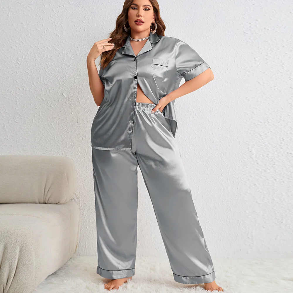 Solid Color Lapel Sleepwear Silk Imitation Nightgown Half Sleeve Long Pant Pajamas Two-piece Set Home Casual Clothes for Women