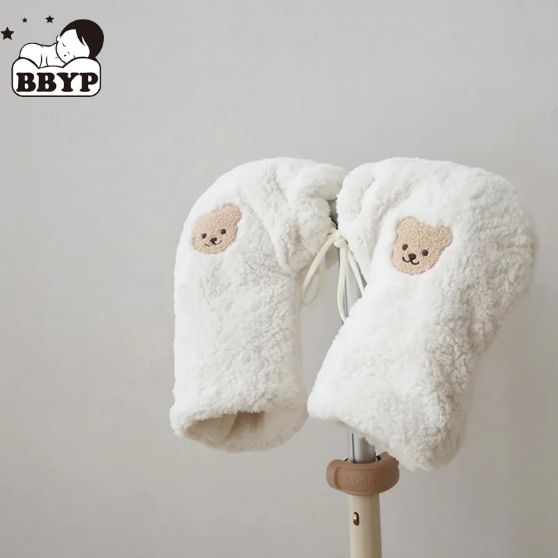 Cartoon Bear Baby Cart Gloves Thicken Plush Cartoon Winter Autumn Cart Handle Children's Scooter Warm Gloves for Kids