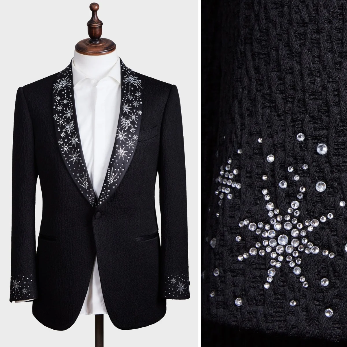 

Crystal Embellished Men's Wedding Suit Studded Lapel Premium Shawl Lapel Hot Fix Formal Wear For Groom Elegant 2 Pieces Tuxedos