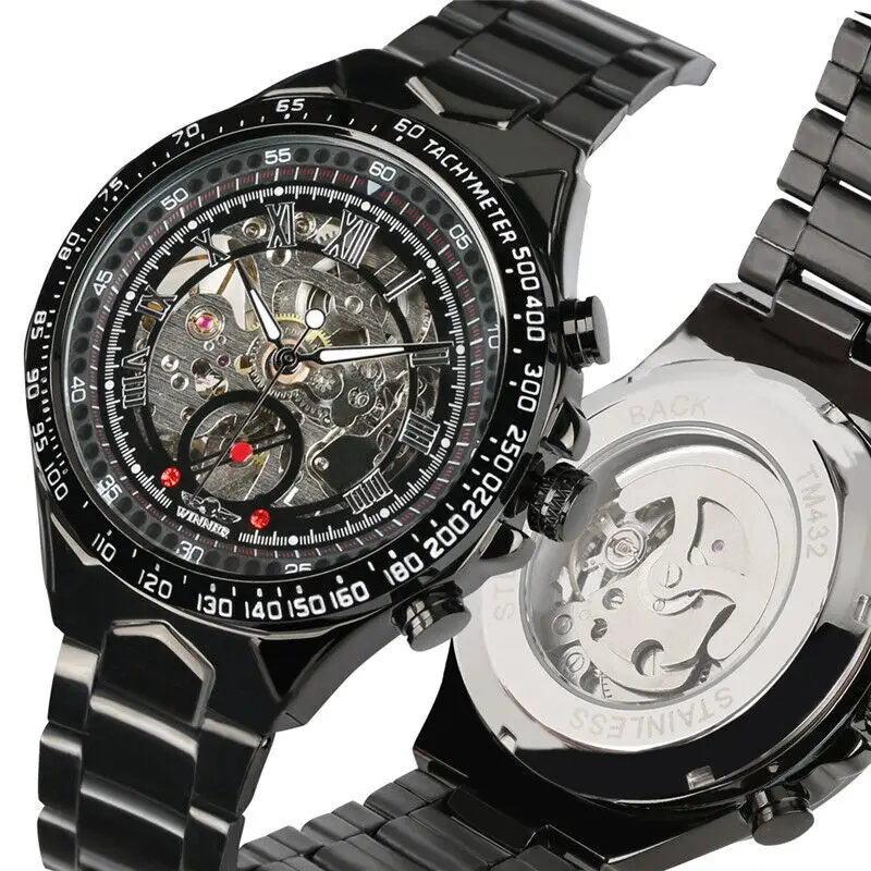 

WINNER Men's Automatic Mechanical Watch Black Skeleton Roman Numerals Dial Gifts