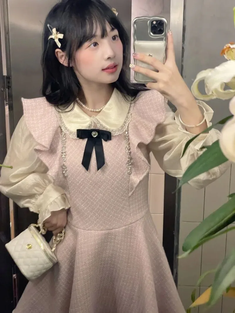 Gentle Sweet Doll Neck Shirt Flying Sleeve Dress Two Piece Set Women Korean Lace Spliced College Fashion Slim Autumn Cute Suit