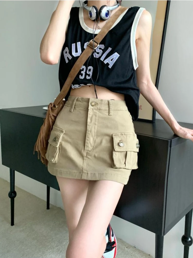 Women's Skirt Autumn New Denim Khaki Work Skirt Skinny American Half-body High Waist A-line Skirt Pocket A Line Sexy Dress