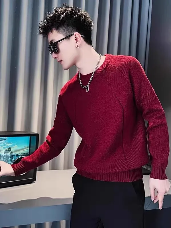 

Красный вязаный свитер мужской, повседневный, однотонный, с пэчворком, осенне-зимний, новая модная высококачественная мужская футболка