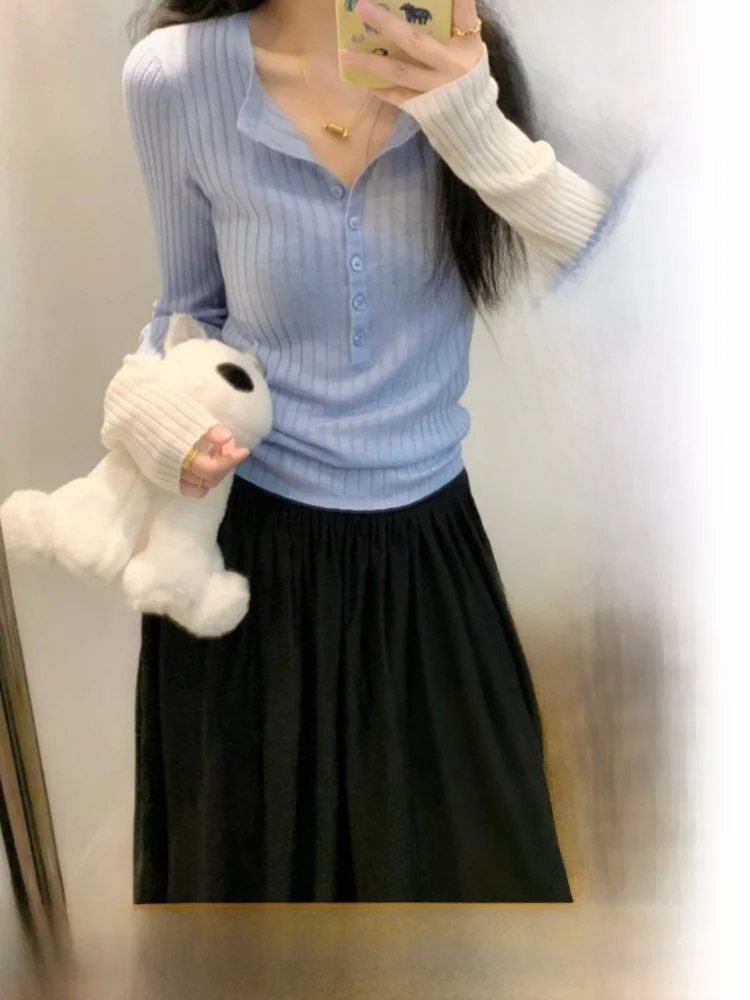 

FlowGaga Design Sensual Sve Color Blo Woolen Knitted Top Gentle Fit Upper Apparel V-Ne Long Sve Regular Length
