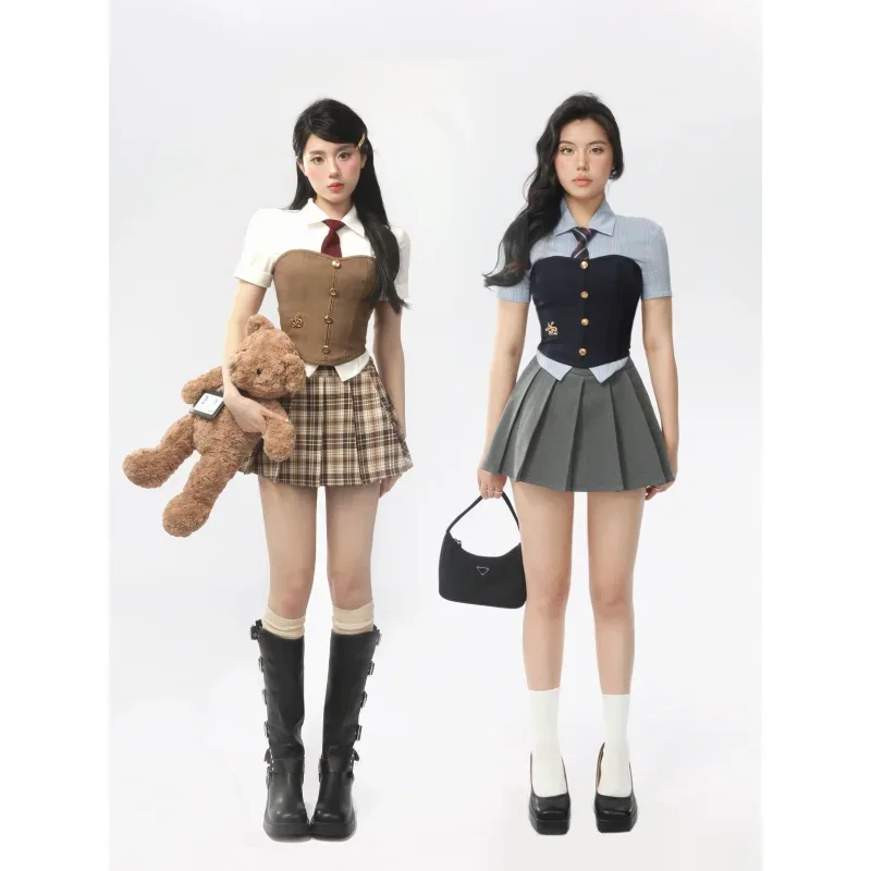 Uniforme Jk coreano das mulheres, Y2K, espartilho japonês, top de tubo, camisa de manga curta, saia plissada, terno sexy, escola, menina quente, colete