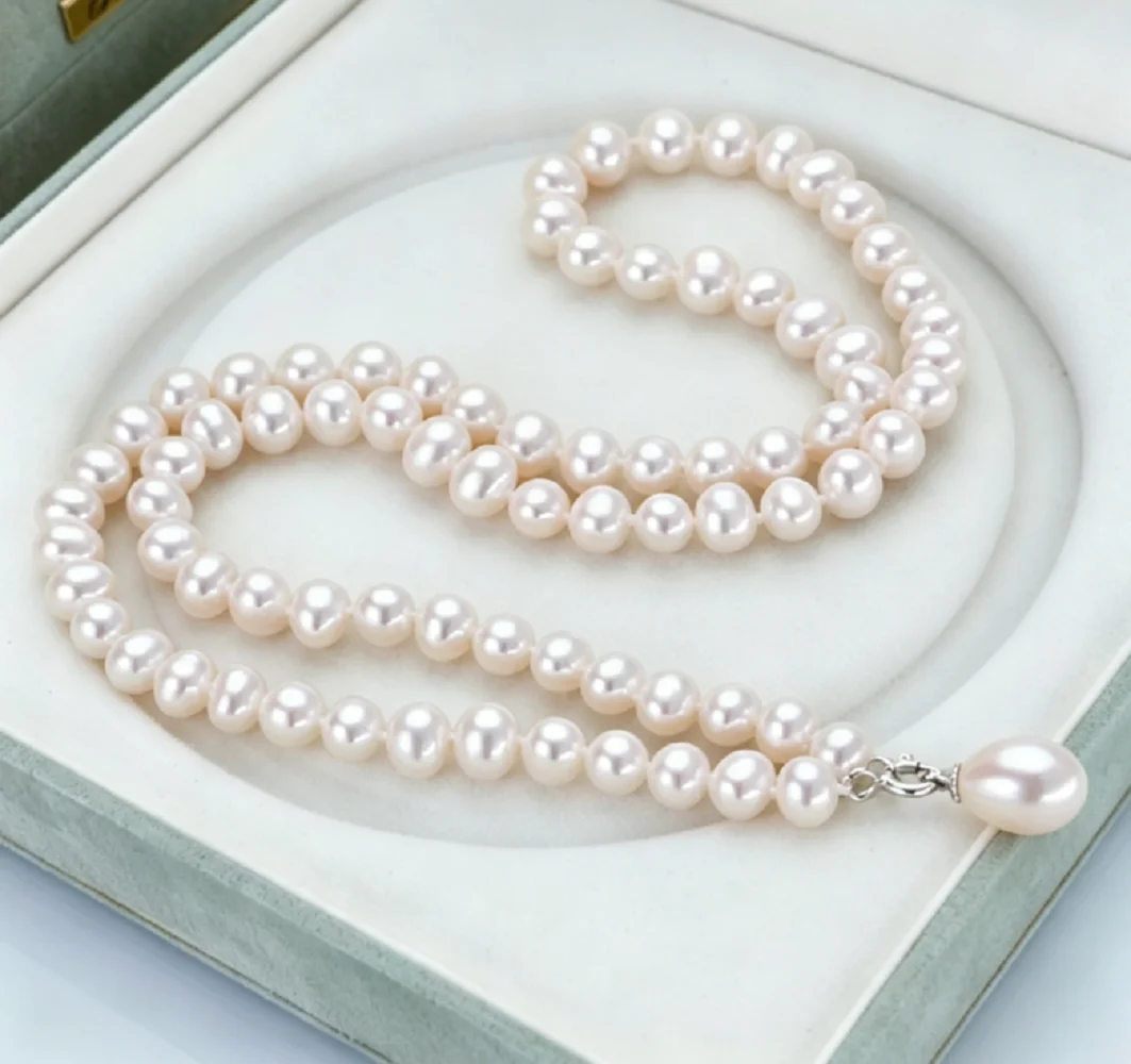 Natural Pearl Necklace AAA8-9mm with Rice Bead Pendant 16in/18in-
