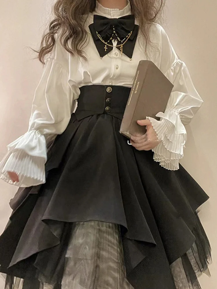 Plus Size Gothic Sle Formal Dress Lolita Dress Women Dark Black Organ Pleats Slip Dress Lolita Autumn and Winter Two-piece Su...