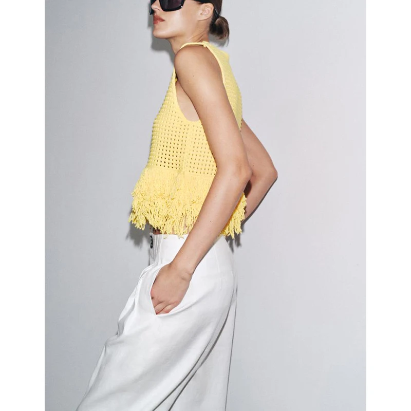 

Summer Women's round Ne Svel Knitted Top with Fringe Design Polyester Fiber Loose Fit ort Length Color