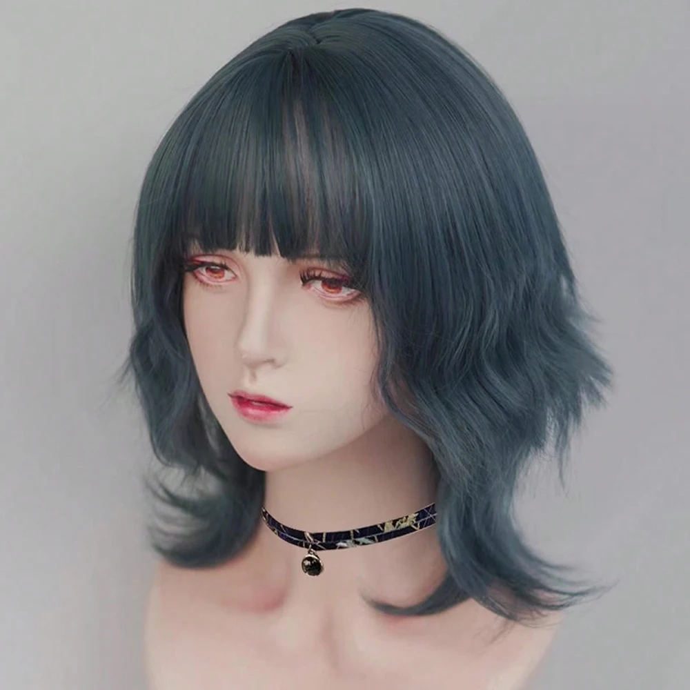 باروكة نسائية زرقاء صناعية قصيرة مموجة مع فرقعة لوليتا كوسبلاي للهالوين وعيد الميلاد كاجوال جلام #4