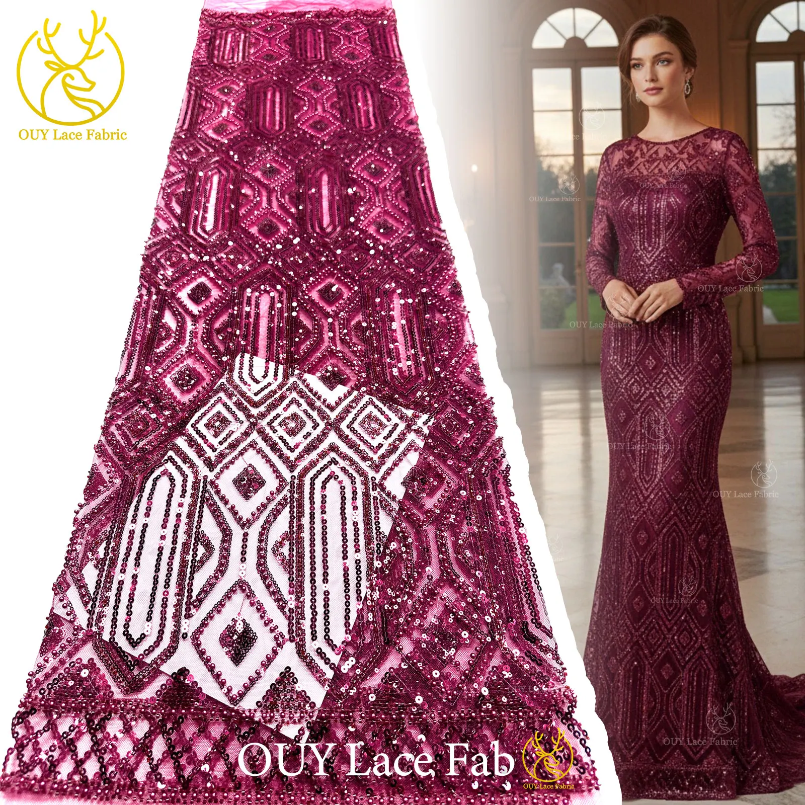 

New Design African Beaded Tulle Lace Fabric French High Grade Sequins Mesh Lace Fabric for Bridal Party Wedding Dress Sewing